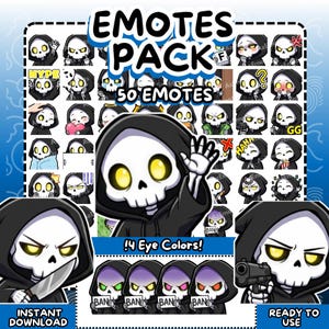 Pode incluir: Uma coleção de 50 emotes digitais com um personagem de desenho animado da Morte com várias expressões. Os emotes têm olhos amarelos e estão disponíveis em 4 cores de olhos. O texto inclui "EMOTES PACK", "50 EMOTES", "!4 Eye Colors!", "INSTANT DOWNLOAD" e "READY TO USE".