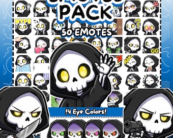 Puede incluir: Un conjunto de 50 emotes digitales con un personaje de la Parca de dibujos animados con varias expresiones. Los emotes tienen ojos amarillos y están disponibles en 4 colores de ojos. El texto incluye "EMOTES PACK", "50 EMOTES", "!4 Eye Colors!", "INSTANT DOWNLOAD" y "READY TO USE".
