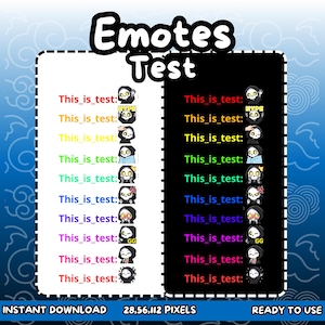 Puede incluir: Un gr&aacute;fico digital con el texto "Emotes Test". Se muestran dos columnas de pruebas de emojis, una sobre un fondo blanco y otra sobre negro. Cada fila muestra "This_is_test:" seguido de un emoji. La parte inferior dice "Descarga instant&aacute;nea" y "Listo para usar".