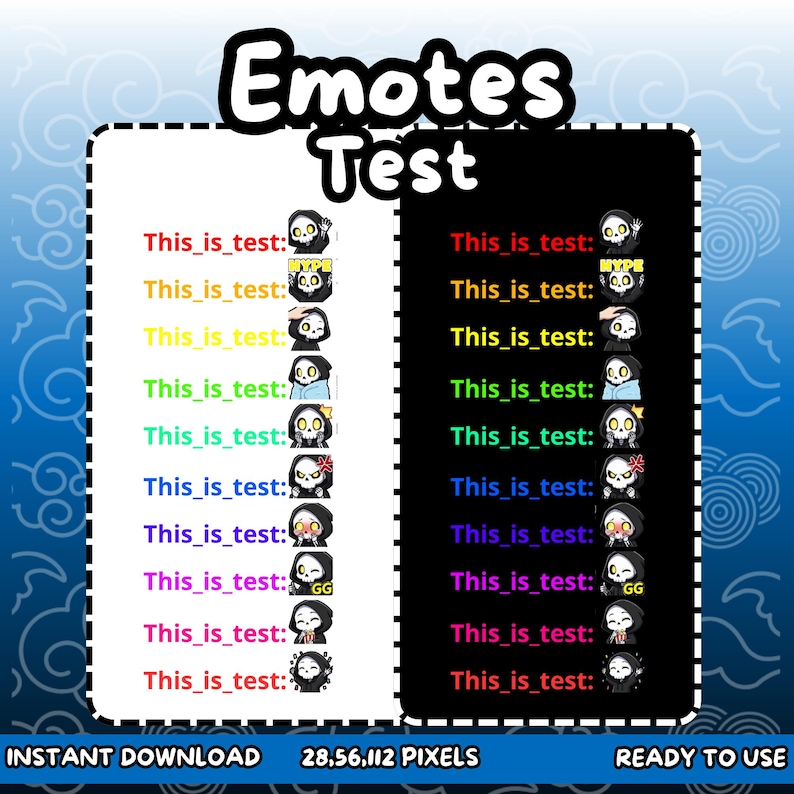 Puede incluir: Un gr&aacute;fico digital con el texto "Emotes Test". Se muestran dos columnas de pruebas de emojis, una sobre un fondo blanco y otra sobre negro. Cada fila muestra "This_is_test:" seguido de un emoji. La parte inferior dice "Descarga instant&aacute;nea" y "Listo para usar".
