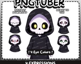 Puede incluir: Un conjunto de personajes PNGtuber digitales que presenta una figura central de calavera con una túnica negra con capucha y ojos amarillos brillantes, rodeada de cuatro variaciones más pequeñas que muestran diferentes colores de ojos y expresiones.
