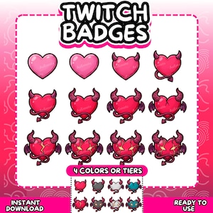 以下が含まれることがあります： さまざまなスタイルのハートデザインが特徴のTwitchバッジのコレクション。バッジには、プレーンなハート、角と尾のあるハート、悪魔的なアクセントの壊れたハートが含まれます。「TWITCH BADGES」というテキストが上部にあります。
