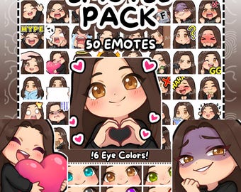 Twitch Emotes | 50 Brunette Girl Twitch Emotes Pack | 6 Eye Colors | Discord Emotes | Straight Hair Emotes | Girl Emotes | Chibi Emotes