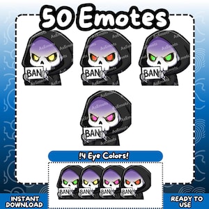 Puede incluir: Ilustraci&oacute;n digital de un personaje de la Parca con diferentes colores de ojos sosteniendo un letrero de "BAN". La imagen incluye el texto "50 Emotes" y "!4 Eye Colors!" en un dise&ntilde;o azul y blanco.