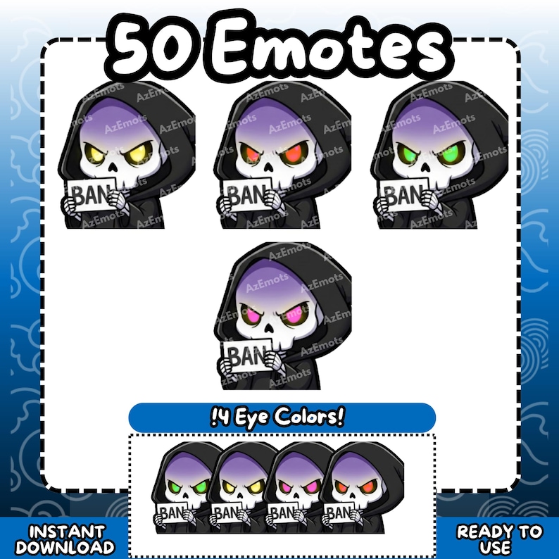 Puede incluir: Ilustraci&oacute;n digital de un personaje de la Parca con diferentes colores de ojos sosteniendo un letrero de "BAN". La imagen incluye el texto "50 Emotes" y "!4 Eye Colors!" en un dise&ntilde;o azul y blanco.