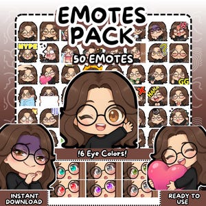 May include: A digital art pack showcasing 50 emotes of a cartoon character with glasses, each displaying a different expression. The image includes the text "EMOTES PACK", "50 EMOTES", "!6 Eye Colors!", "INSTANT DOWNLOAD", and "READY TO USE".