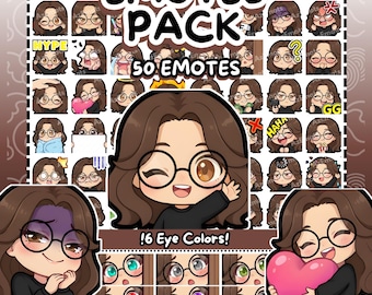 Twitch Emotes | 50 Chibi Girl Glasses Twitch Emotes Pack | Brown Hair Girl | Discord Emotes | Glasses Emotes | Girl Emotes | Chibi Emotes