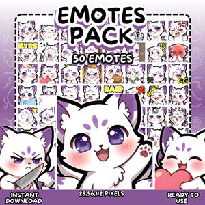 Puede incluir: Un paquete de arte digital con 50 emotes de gato, cada uno mostrando una expresión diferente. Los emotes son blancos con detalles morados. El texto incluye "EMOTES PACK", "50 EMOTES", "DESCARGA INSTANTÁNEA", y "LISTO PARA USAR".