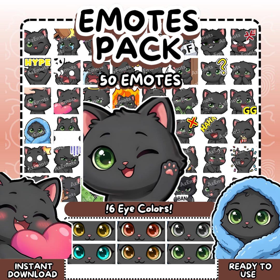 Twitch Emotes | 50 Black Cat Emotes Twitch Pack | Mega Bundle Cute ...