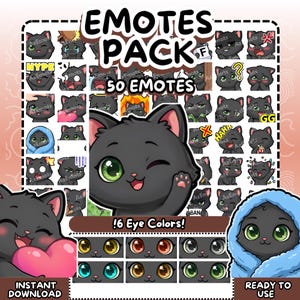 Peut inclure: Un pack d'art numérique avec un personnage de chat noir aux expressions variées. L'image comprend le texte "EMOTES PACK" et "50 EMOTES", ainsi que "!6 Eye Colors!" et "INSTANT DOWNLOAD". Les emotes de chat ont différentes couleurs d'yeux.