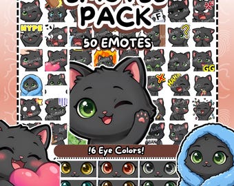 Twitch Emotes | 50 Black Cat Emotes Twitch Pack | Mega Bundle Cute Chibi Kitty | Discord & Kick Emotes | 6 Eye Colors (Digital Download)