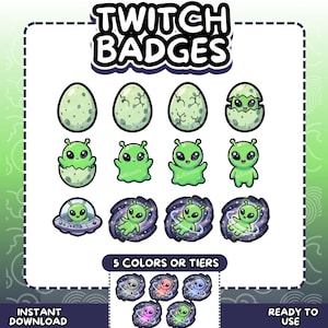 Puede incluir: Un conjunto de insignias digitales para Twitch con personajes alienígenas verdes en varias etapas de eclosión de huevos moteados, flotando en el espacio y viajando en un OVNI. El gráfico incluye el texto TWITCH BADGES y 5 COLORS OR TIERS.