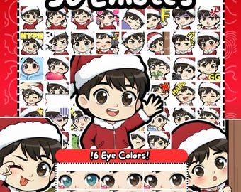 Twitch Emotes | 50 Christmas Boy Emote Pack | Chibi Brown Hair Twitch Emotes | 6 Eye Colors | Xmas Kawaii Streamer Boy