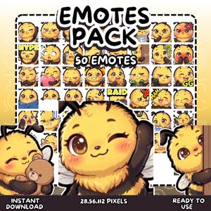 May include: A digital collection of 50 bee-themed emotes featuring various expressions and actions. The pack includes illustrations of bees with yellow and black stripes, some holding items like a teddy bear or burger, with text reading EMOTES PACK.