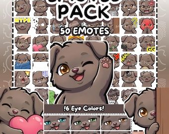 Emotes de Twitch / Pack de 50 Emotes de Perro Marrón / Megapaquete Cachorro Chibi Lindo / Emotes de Discord y Patada / 6 Colores de Ojos (Descarga Digital)