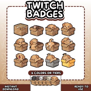 May include: A set of digital Twitch badges featuring a light brown puppy in various poses inside a cardboard box. The collection includes twelve individual puppy icons and a bottom row showing six color variations of the puppy in a box.