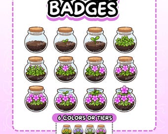 Twitch Badges | Terrarium Sub Badges | Plant Evolution Twitch Bit Badges 6 Colors | Cottagecore Flower Jar | Cozy Stream (Instant Download)