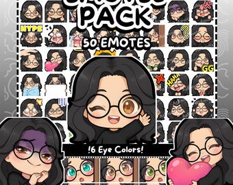 Twitch Emotes | 50 Chibi Girl Glasses Twitch Emotes Pack | Black Hair Girl | Discord Emotes | Glasses Emotes | Girl Emotes | Chibi Emotes