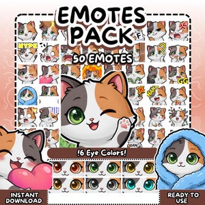 May include: A digital art pack featuring 50 cat emotes with various expressions and six different eye colours. The emotes are in a cartoon style, with a calico cat as the main subject. Text includes "EMOTES PACK", "50 EMOTES", "!6 Eye Colors!", "INSTANT DOWNLOAD", and "READY TO USE".