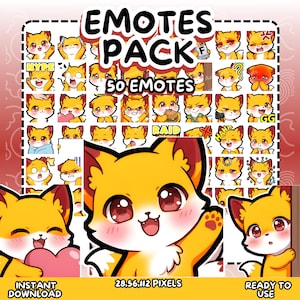 Peut inclure: Un pack d'art numérique avec 50 emotes représentant un renard de dessin animé dans diverses expressions. Les emotes sont de couleurs orange, jaune et blanc, avec des étiquettes textuelles comme "HYPE" et "RAID". Les mots "EMOTES PACK" et "INSTANT DOWNLOAD" sont également visibles.