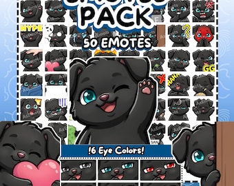 Twitch Emotes | 50 Black Dog Emotes Twitch Pack | Mega Bundle Cute Chibi Puppy | Discord & Kick Emotes | 6 Eye Colors (Digital Download)