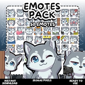 May include: A digital download graphic pack featuring 50 wolf emotes with various expressions. The emotes are grey and white with blue eyes. Text includes "EMOTES PACK", "50 EMOTES", "INSTANT DOWNLOAD", and "READY TO USE".