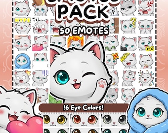 Twitch Emotes | 50 White Cat Emotes Twitch Pack | Mega Bundle Cute Chibi Kitty | Discord & Kick Emotes | 6 Eye Colors (Digital Download)