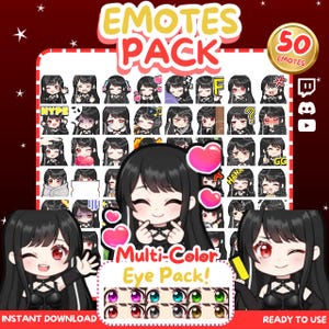 Könnte beinhalten: Ein digitaler Download-Grafikpack mit 50 Emotes mit einem Anime-Mädchen mit schwarzen Haaren und verschiedenen Ausdrücken. Enthält ein Multi-Color-Augen-Pack. Die Wörter "EMOTES PACK" und "Multi-Color Eye Pack!" werden angezeigt.