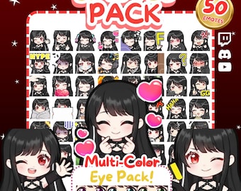 Twitch Emotes | Black Hair Chibi Emote Pack (6 Multi-Color Eyes) (Digital Download)