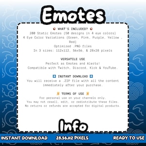 Puede incluir: Imagen de un producto digital con la palabra "Emotes". La imagen detalla 200 emotes est&aacute;ticos en 50 dise&ntilde;os, 4 variaciones de color de ojos y 3 tama&ntilde;os. El texto incluye "Descarga instant&aacute;nea" y "Listo para usar".
