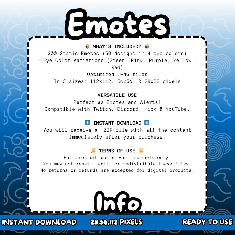 Puede incluir: Imagen de un producto digital con la palabra "Emotes". La imagen detalla 200 emotes est&aacute;ticos en 50 dise&ntilde;os, 4 variaciones de color de ojos y 3 tama&ntilde;os. El texto incluye "Descarga instant&aacute;nea" y "Listo para usar".