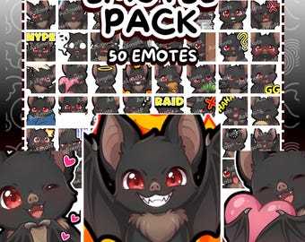 Op de afbeelding: Een digitaal kunstpakket met 50 vleermuis-emotes met diverse uitdrukkingen. De emotes in cartoonstijl tonen zwarte vleermuizen met rode ogen. Tekst omvat "EMOTES PACK", "50 EMOTES", "DIRECT DOWNLOADEN" en "KLAAR VOOR GEBRUIK".