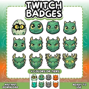 May include: A collection of green dragon-themed Twitch badges. The badges feature various dragon faces and expressions, with some showing horns and different eye colors. The text "TWITCH BADGES" is at the top, and "4 COLORS OR TIERS" is at the bottom.