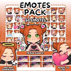 Pode incluir: Um pacote de arte digital com 50 emotes. Os emotes apresentam um personagem de desenho animado com cabelo ruivo e olhos verdes, mostrando várias expressões. A imagem inclui o texto "EMOTES PACK", "!6 Eye Colors!", "INSTANT DOWNLOAD" e "READY TO USE".