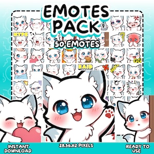 May include: A digital art pack featuring 50 emotes of a white cat with blue eyes and various expressions. The text "EMOTES PACK" and "50 EMOTES" are displayed at the top. Additional text includes "INSTANT DOWNLOAD", "28,56,112 PIXELS", and "READY TO USE".