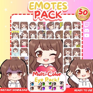 May include: A digital download graphic featuring a collection of 50 emotes with various expressions. The emotes depict a cartoon character with brown hair and a white hoodie. The image includes the text "EMOTES PACK" and "Multi-Color Eye Pack!"