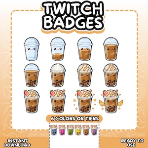 May include: A set of Twitch badges showcasing bubble tea designs. The badges feature different flavours and toppings, with cute facial expressions. The text "TWITCH BADGES" is at the top, and "6 COLORS OR TIERS" is at the bottom.