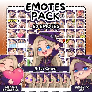 May include: A digital collection of 50 emotes featuring a blonde character in a purple witch hat and robe. The pack includes various expressions, poses, and interactions, with text labels such as EMOTES PACK, 50 EMOTES, !6 Eye Colors!, and READY TO USE.