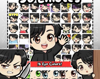 Twitch Emotes | 50 Black Hair Boy Twitch Emotes Pack | Twitch Discord Kick YouTube Streamer emotes | Chibi Boy Emotes, Black Hair Emotes