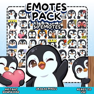 May include: A digital art pack featuring 50 penguin emotes with various expressions. The emotes include text such as "HYPE", "RAID", and "GG". The image also includes the text "EMOTES PACK", "INSTANT DOWNLOAD", and "READY TO USE".