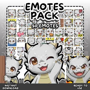 Op de afbeelding: Een digitale collectie van 50 emotes met een kleine witte draak met verschillende uitdrukkingen en acties. De tekst EMOTES PACK 50 EMOTES staat bovenaan. De draak heeft grote bruine ogen, kleine hoorns en vleugels.