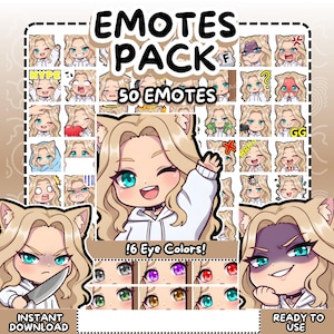 Può includere: Un pacchetto di arte digitale con 50 emote raffiguranti un personaggio dei cartoni animati con capelli biondi e orecchie da gatto. Le emote mostrano varie espressioni. Il pacchetto include 6 diversi colori degli occhi. Il testo sull'immagine recita "EMOTES PACK", "50 EMOTES", "!6 Eye Colors!", "INSTANT DOWNLOAD" e "READY TO USE".