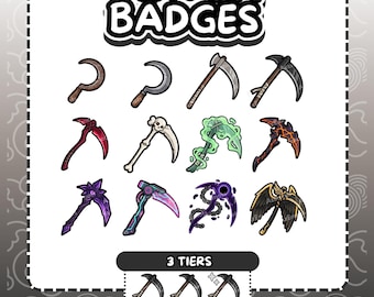 Puede incluir: Una colección de doce insignias digitales de Twitch con varios diseños de guadañas, incluyendo estilos metálicos, de hueso, verde brillante, lava, cristal y alados. Se muestra el texto TWITCH BADGES y 3 TIERS, con una fila que muestra tres guadañas.