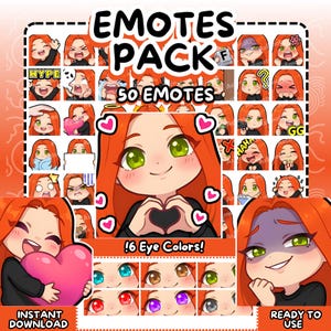 Puede incluir: Un paquete de arte digital con un personaje de dibujos animados con cabello rojo y ojos verdes. El paquete incluye 50 emotes con varias expresiones y 6 opciones de color de ojos. El texto en la imagen dice "EMOTES PACK", "50 EMOTES", "!6 Eye Colors!", "INSTANT DOWNLOAD" y "READY TO USE".