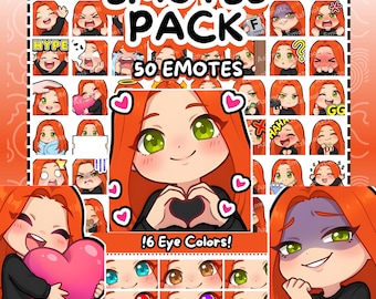 Twitch Emotes | 50 Red Hair Girl Twitch Emotes Pack | 6 Eye Colors | Discord Emotes | Straight Hair Emotes | Girl Emotes | Chibi Emotes