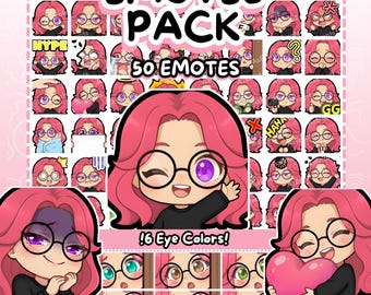 Twitch Emotes | 50 Chibi Girl Glasses Twitch Emotes Pack | Pink Hair Girl | Discord Emotes | Glasses Emotes | Girl Emotes | Chibi Emotes