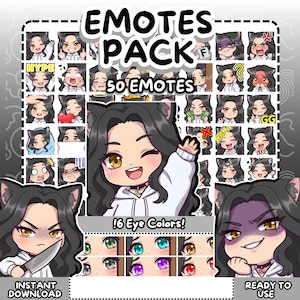Könnte beinhalten: Ein digitales Kunstpaket mit 50 Emotes eines Cartoon-Charakters mit Katzenohren, die verschiedene Ausdrücke zeigen. Der Text "EMOTES PACK", "50 EMOTES", "!6 Eye Colors!", "INSTANT DOWNLOAD" und "READY TO USE" ist enthalten.