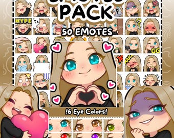 Twitch Emotes | 50 Blonde Hair Girl Twitch Emotes Pack | 6 Eye Colors | Discord Emotes | Straight Hair Emotes | Girl Emotes | Chibi Emotes