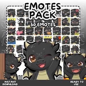 Twitch-emotes | Paket med 50 Chibi Black Dragon Twitch-emotes | Kawaii Fantasy Stream-resurser | Discord & Kick Mega-paket | Söta RPG-emotes