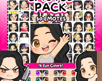 May include: A digital download graphic pack with the text "EMOTES PACK" and "50 EMOTES". The image features a cartoon character with various expressions and 16 eye color options. The words "INSTANT DOWNLOAD" and "READY TO USE" are also visible.